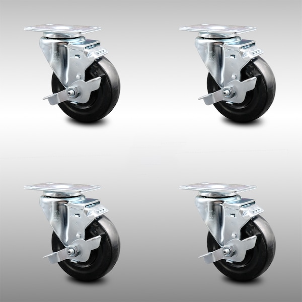 Service Caster 4 Inch SS Hard Rubber Wheel Swivel Top Plate Caster Set with Brake SCC SCC-SS20S414-HRS-TLB-4 - main